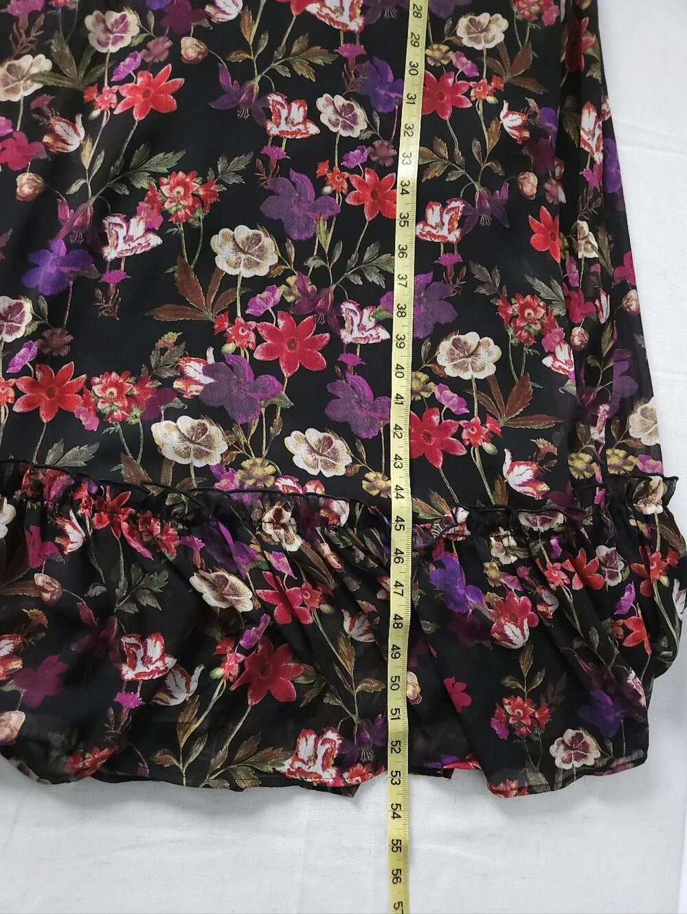 Calvin Klein 4 Black Floral Chiffon‎ Maxi Dress Short Sleeve V-Neck Ruffle Hem
